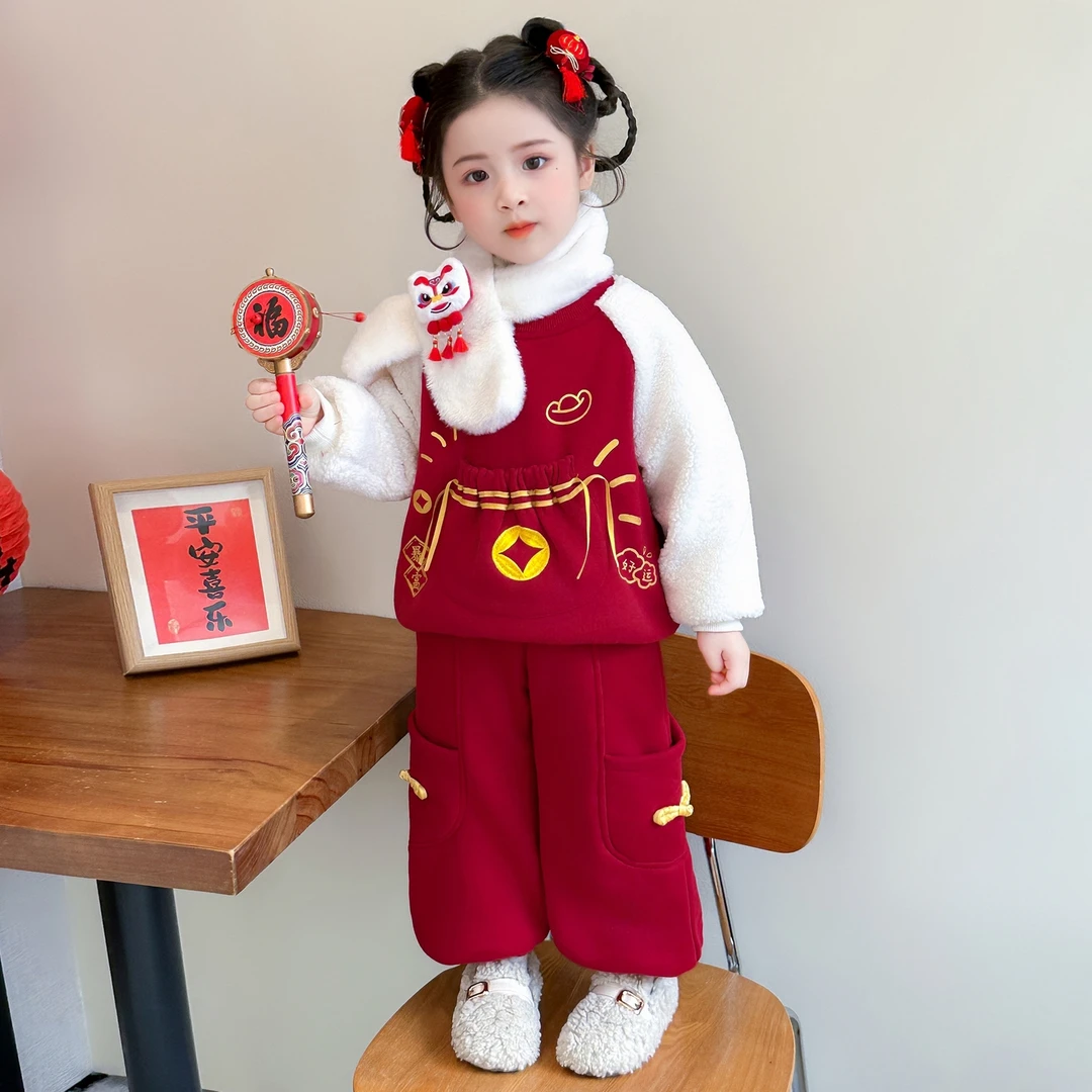 女童新年加绒加厚衣服秋冬季新款女宝宝洋气拜年服儿童冬款两件套