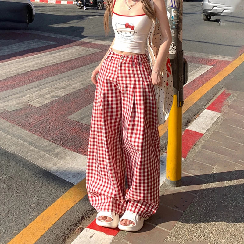 美式红色格子阔腿休闲裤女2025年春秋新款直筒宽松高腰显瘦拖地裤