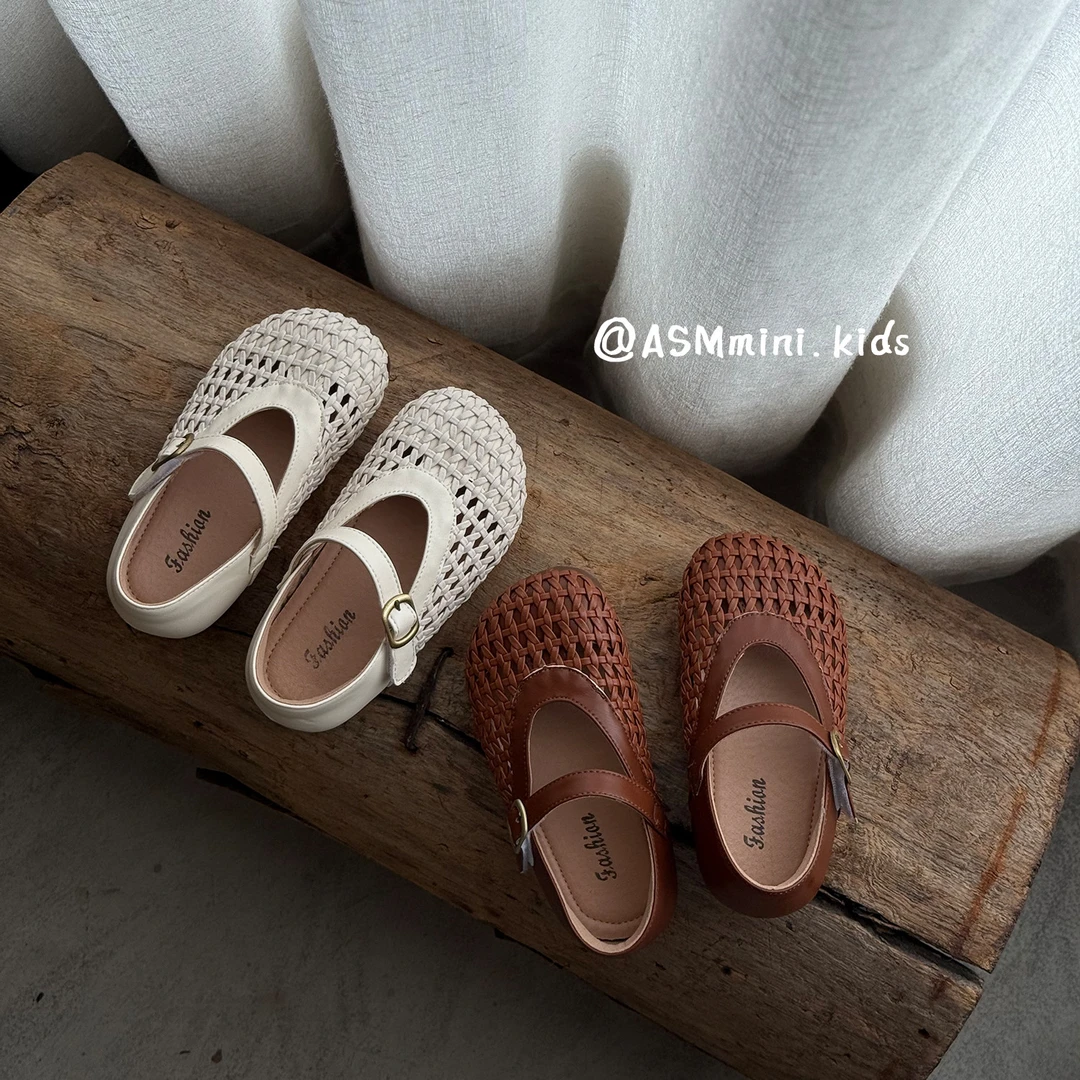 2025夏季新款韩版女童鞋儿童编织镂空包头小女孩软底罗马
