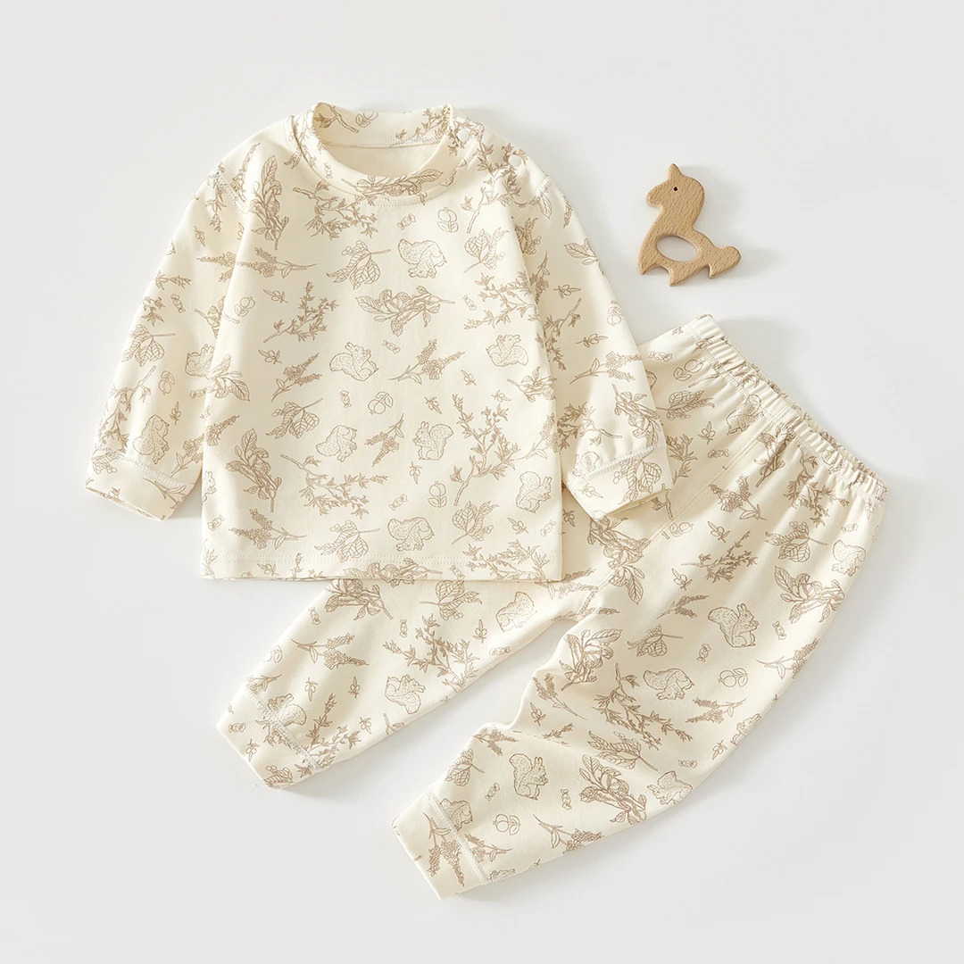 秋冬-素描松鼠舒绒分体长袖长裤套装连体长爬A类无骨睡衣家居婴童