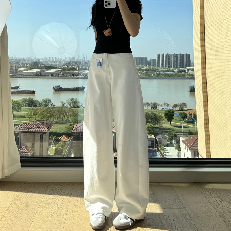 美式白色镰刀牛仔裤女2025夏季新款高腰遮胯显瘦阔腿香蕉休闲裤子