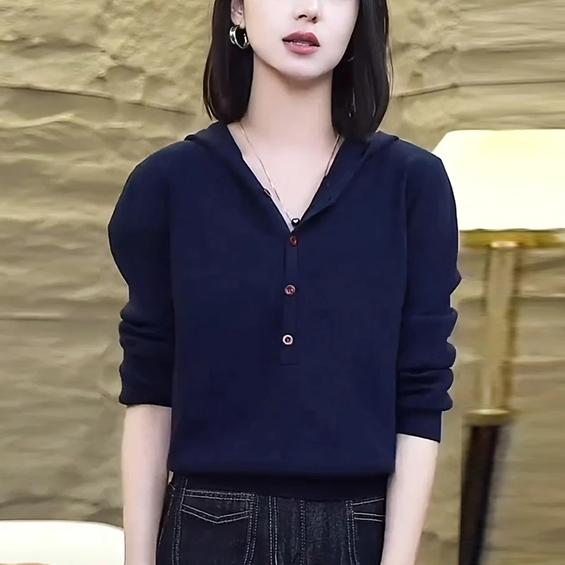 【专柜大码】复古风藏蓝色色连帽针织衫女秋冬款宽松显瘦洋气上衣女