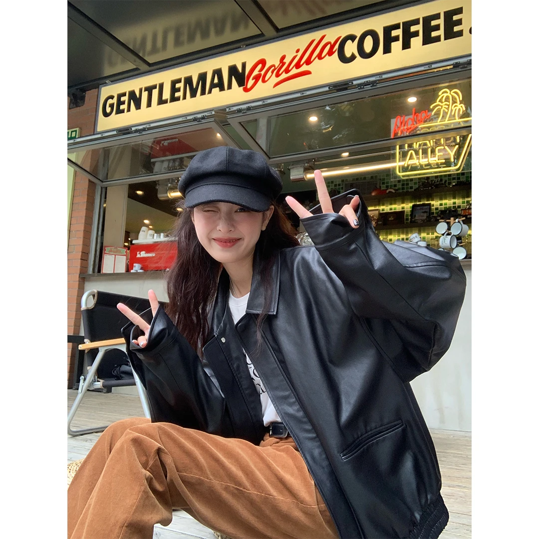 酷女孩腔调 机车pu皮衣夹克春秋新款美式黑色复古休闲上衣外套潮