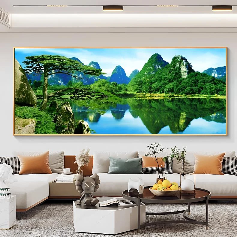 青绿聚宝盆墙壁挂画客厅背景风光装饰画现代简约办公室挂墙油画