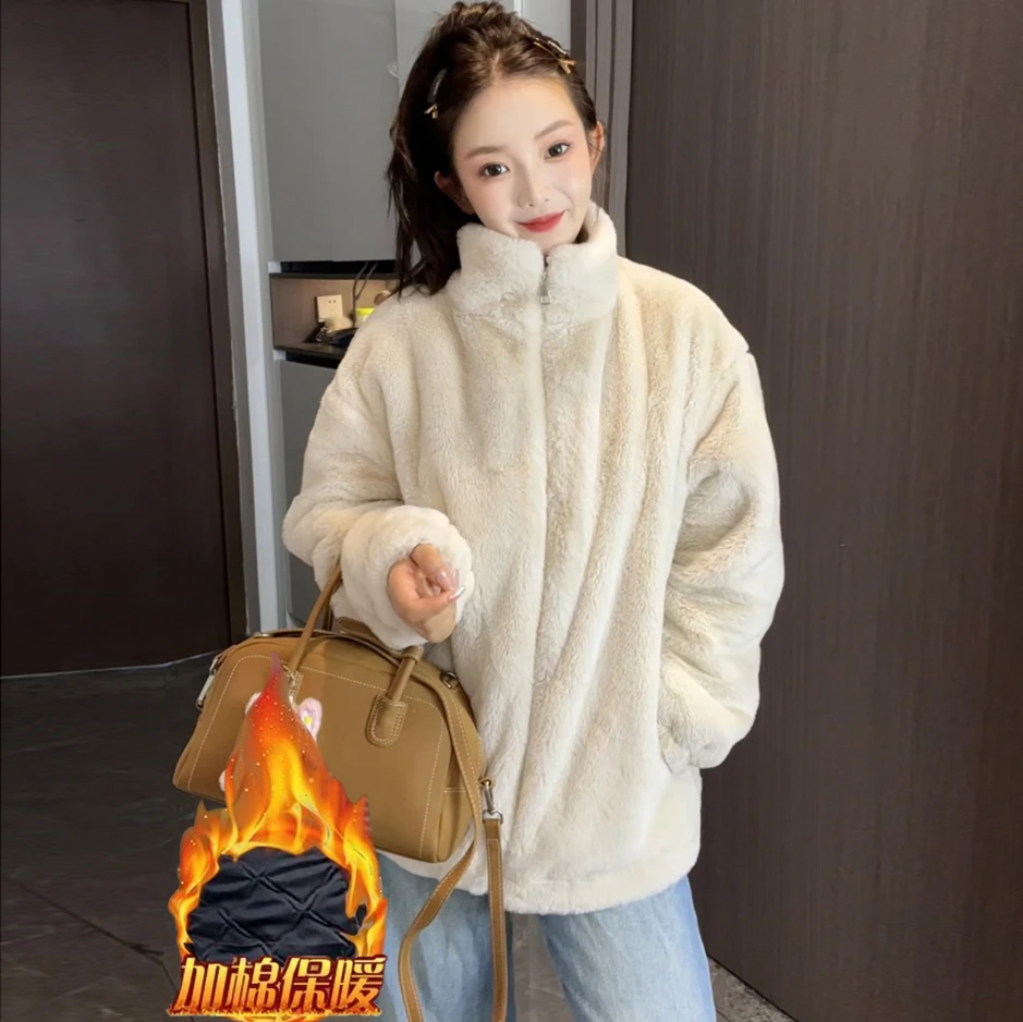新款宽松仿兔毛棉衣加厚毛毛外套毛绒绒外套女冬款保暖棉服