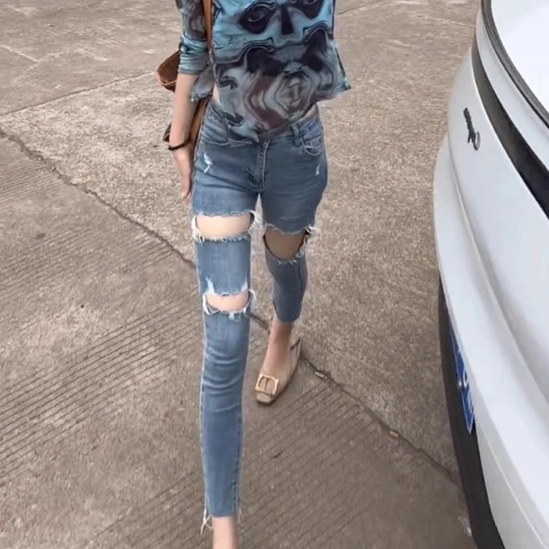 高腰破洞水洗牛仔九分裤女夏季薄款设计感修身显瘦弹力磨破小脚裤
