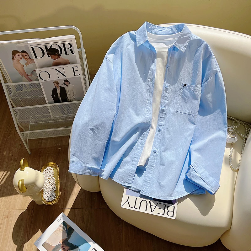 高级感蓝色衬衫女秋冬新款韩版宽松百搭叠穿衬衣外套纯棉长袖上衣