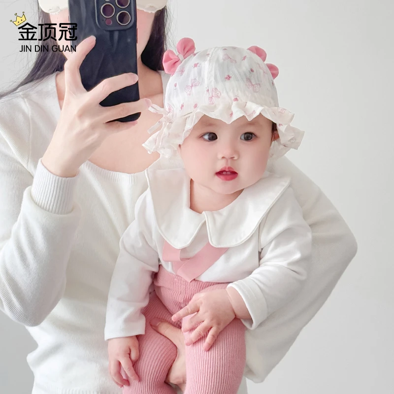 婴儿帽子夏季薄款小月龄蝴蝶结公主帽女宝宝新生儿遮阳松紧渔夫帽