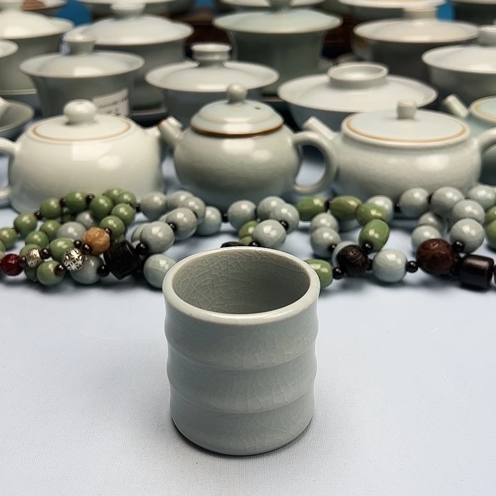 杯仿古月白釉竹节杯原矿原釉原产地