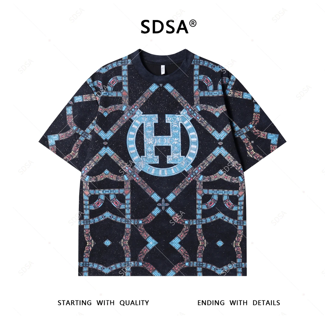 夏季高级感新款男士美式撞色字母设计印花短袖T恤满天星圆领上衣