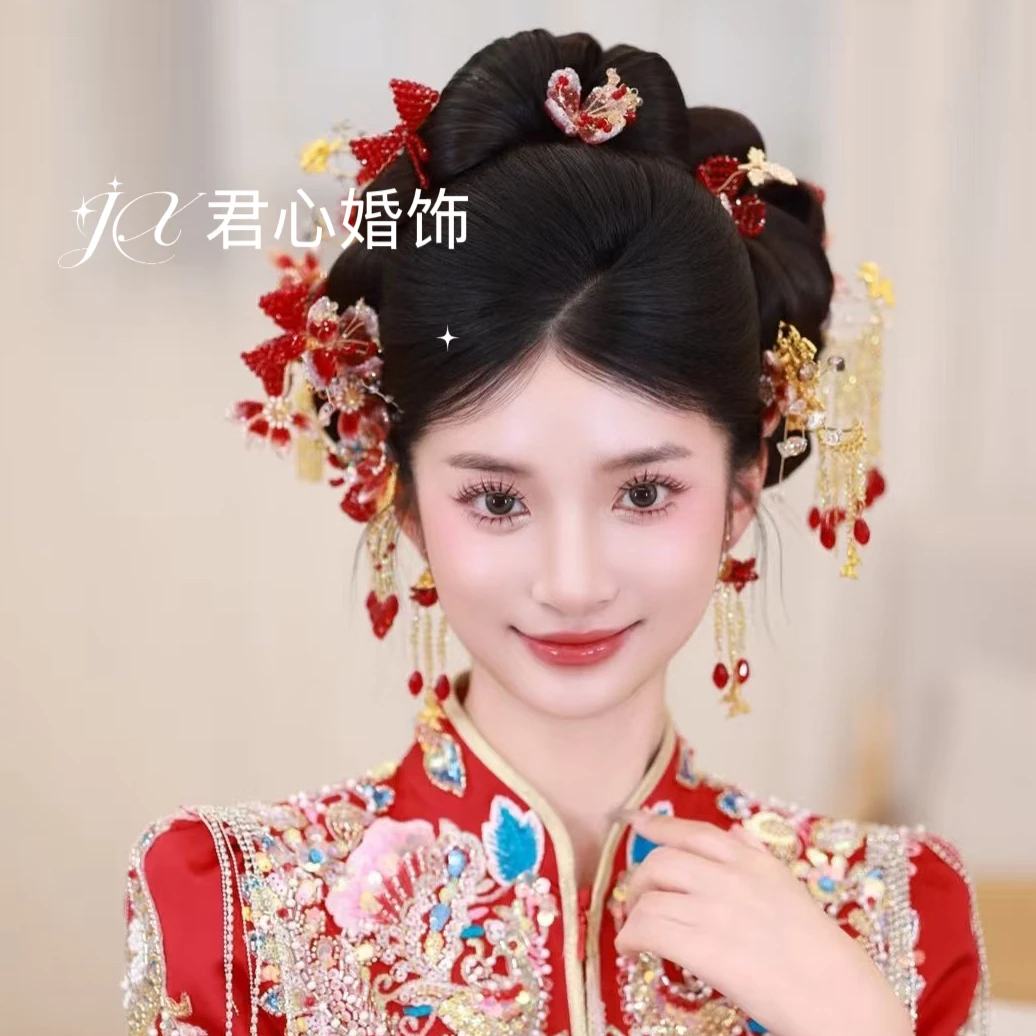 君心家 4401甜美金红色发钗蝴蝶结流苏不对称九件套新娘饰品