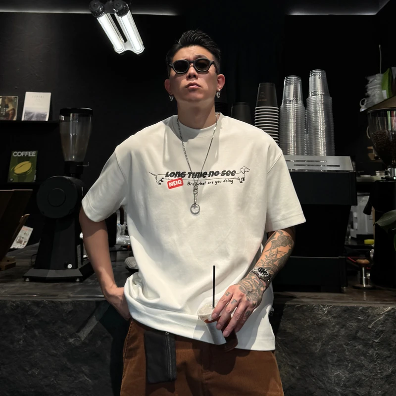 郑郑郑NEIQ腊肠狗好久不见印花短袖T恤软宝精梳棉水洗阔版短袖T恤