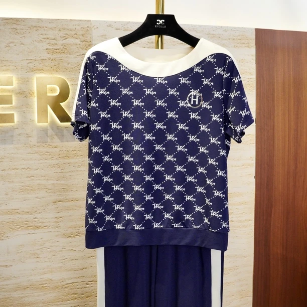 【深蓝配白菱格船领短袖套装】舒适显瘦天丝罗马棉T恤时尚休闲套装