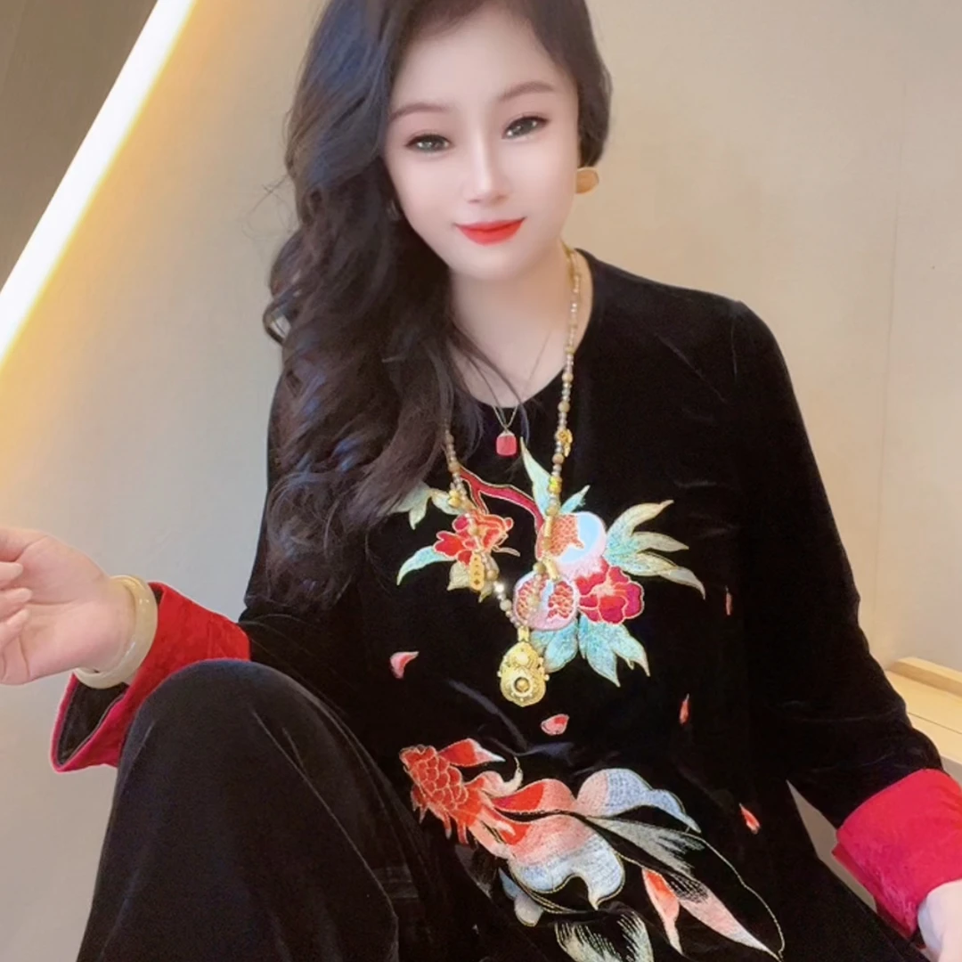 新中式亮片刺绣显瘦黑色宽松锦鲤上衣中国风国风女装重工圆领长袖
