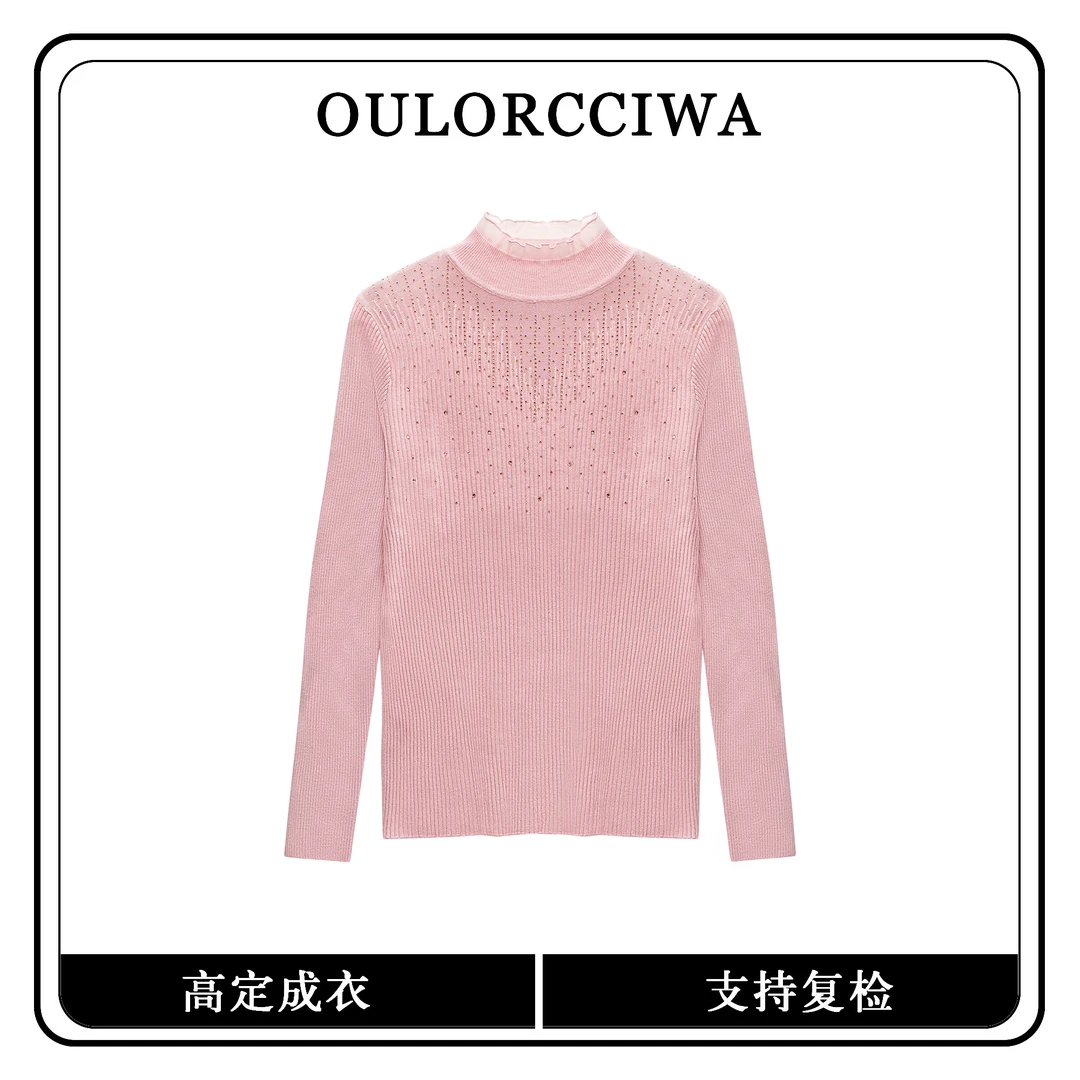 半高领重工烫钻镂空法式高级感百搭长袖打底衫毛衣OLQW-2099