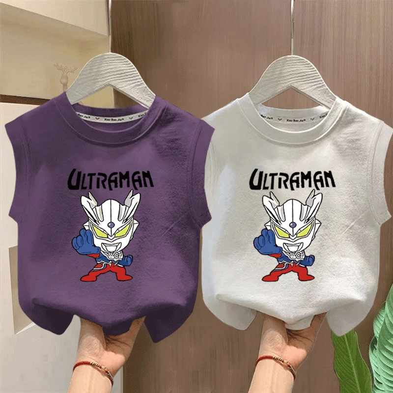 夏季纯棉儿童背心T恤新款卡通印花帅气男宝宝奥特曼时尚无袖上衣t