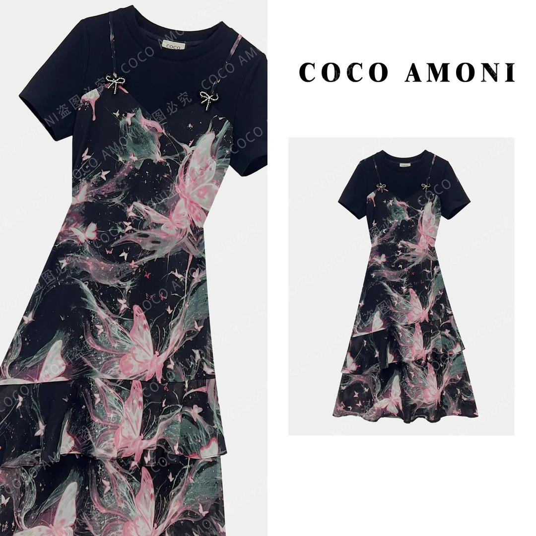 高级重工原创夏日女装拼接假两件修身收腰气质高定连衣裙ZC815