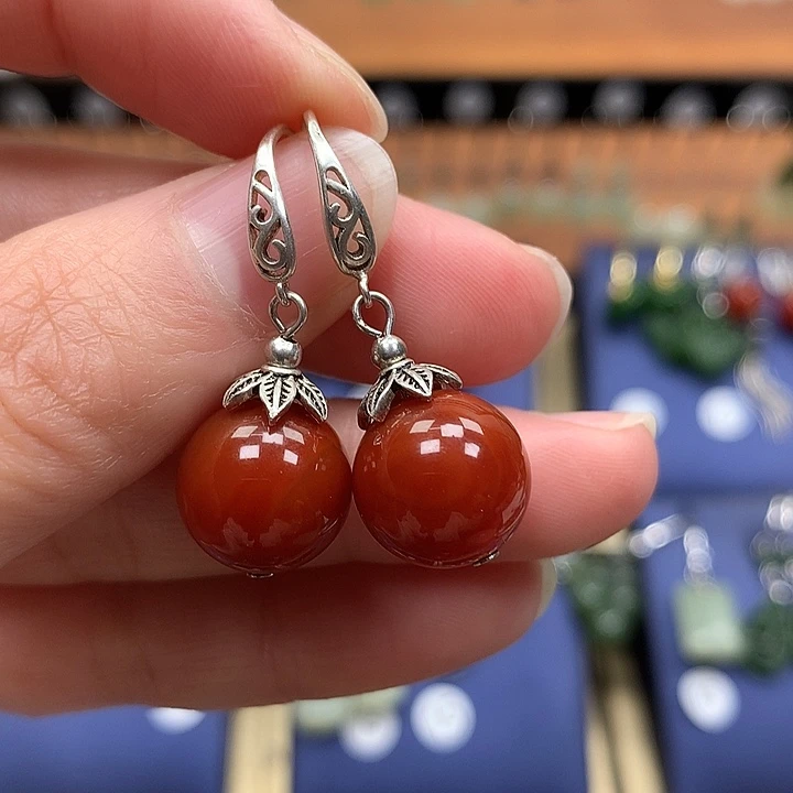 玛瑙/玉髓银S925镶嵌耳环12左右