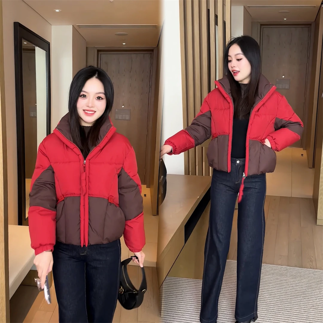 【婉星儿品牌】时尚休闲百搭韩版立领拼接撞色女士棉服加厚保暖冬季