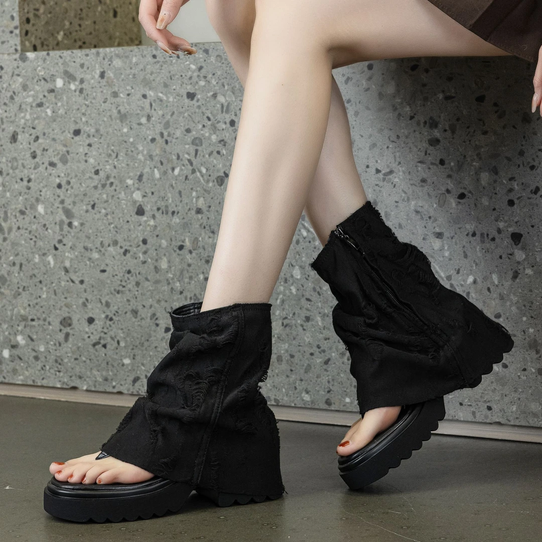 爆款甜辣短靴女夏季透气夹趾粗跟增高6CM牛仔布裤管靴堆堆袜凉靴