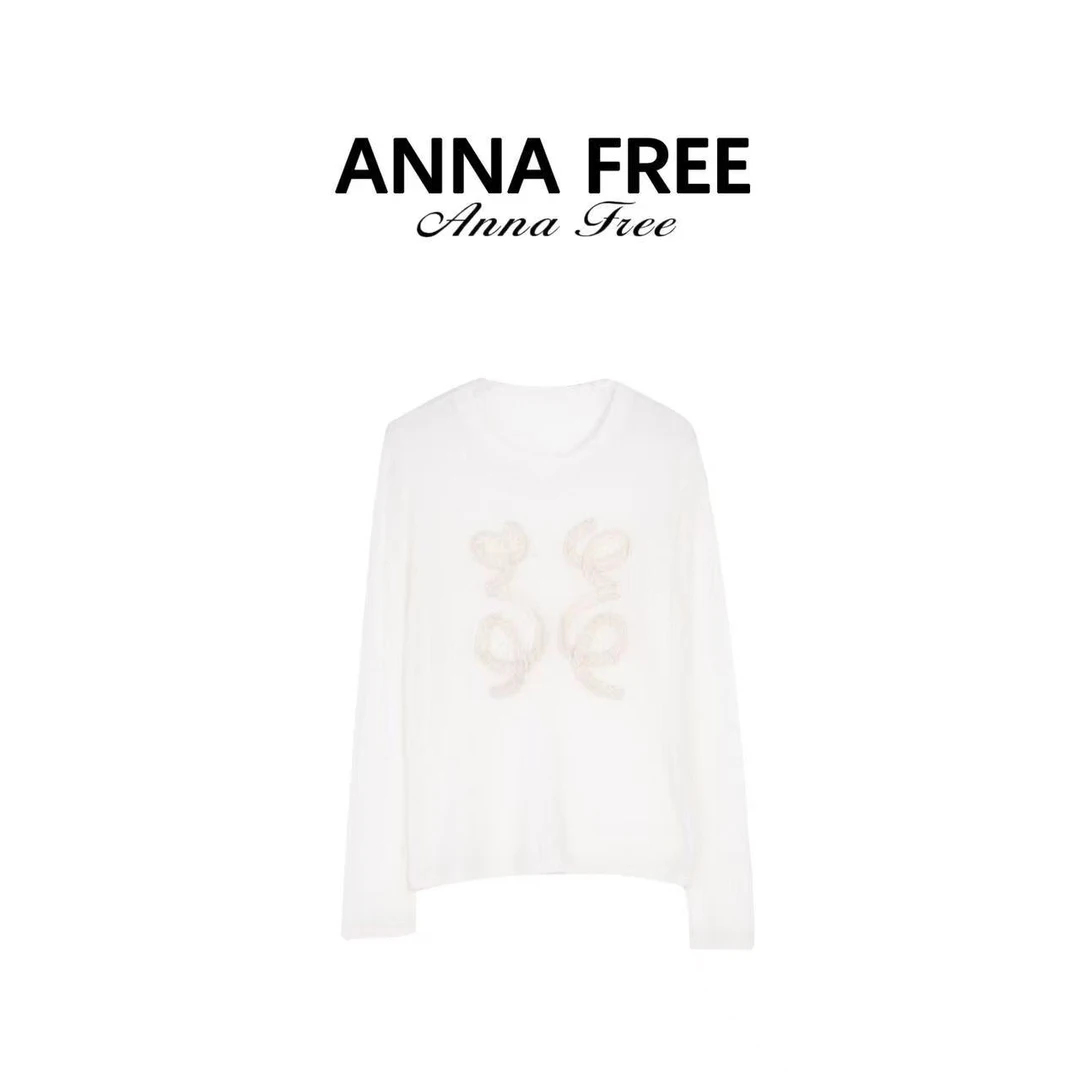 ANNA FREE 针织长袖T恤透气宽松印花圆领气质设计师Z8541