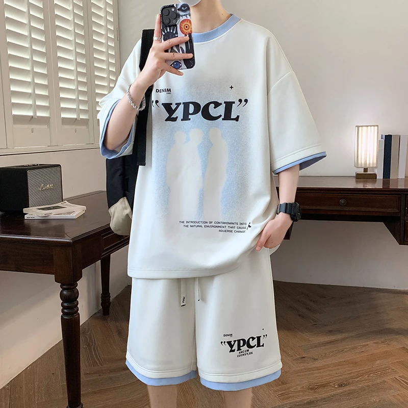 潮牌新款青少年休闲拼色短袖时尚套装男宽松时尚百搭款运动两件套