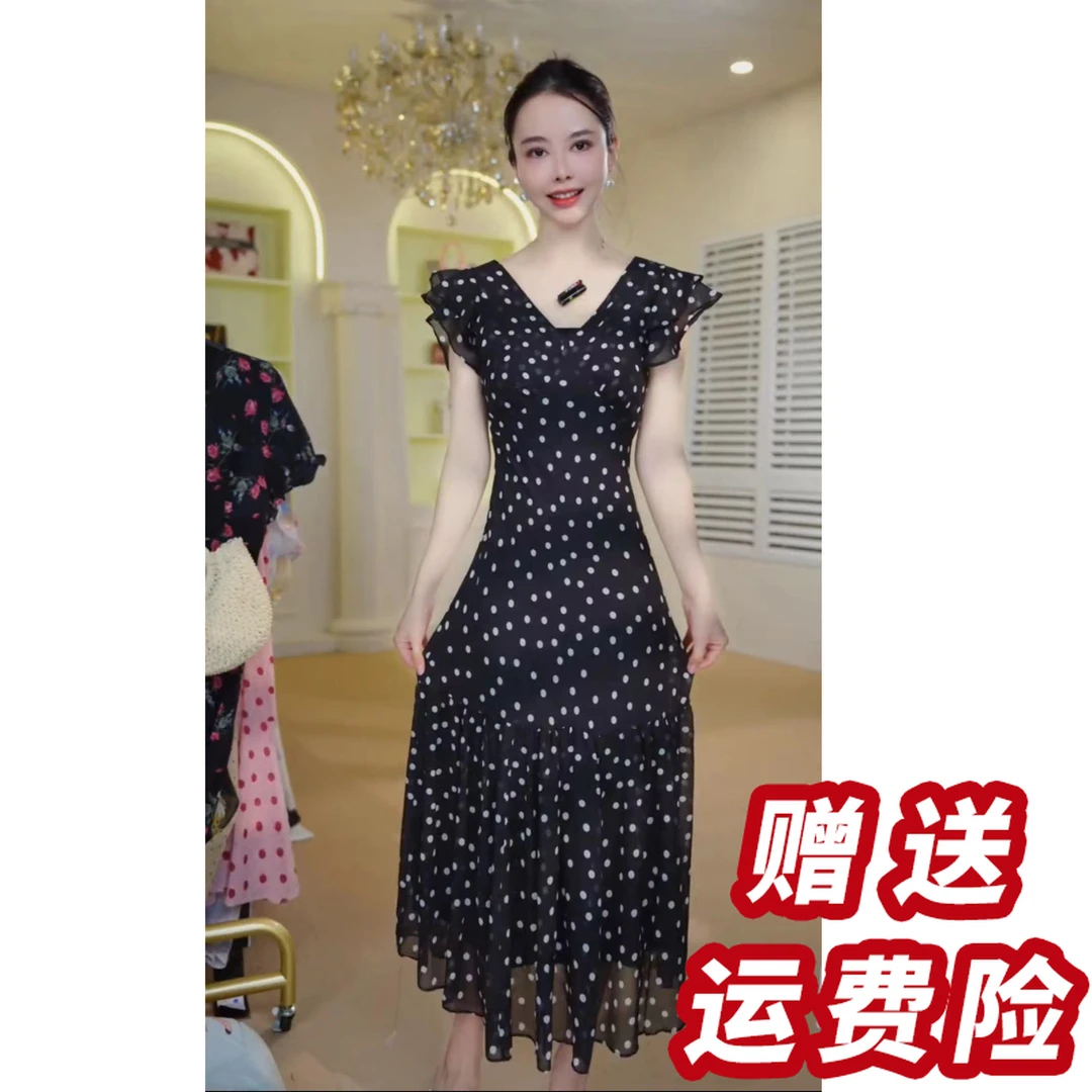 【赠送运费险】气质名媛高端女神范爆款轻奢波点连衣裙J46182