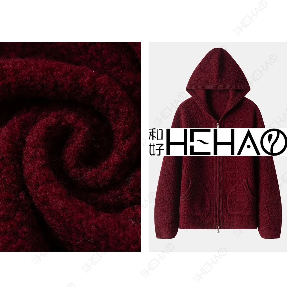 100%绵羊毛秋冬时尚休闲圈圈毛加厚连帽口袋拉链外套57551