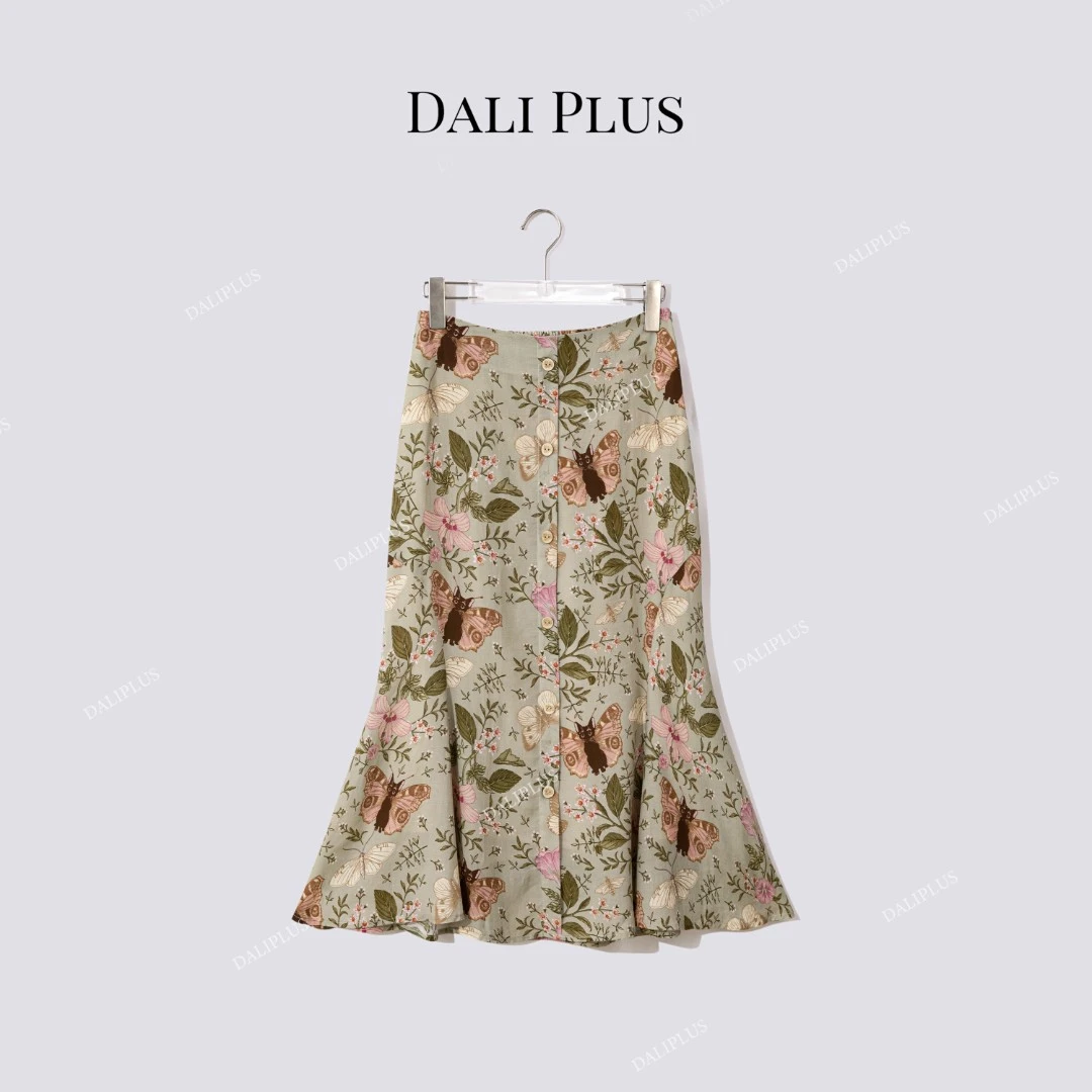 DALI PLUS“小猫蝴蝶印花鱼尾裙”重磅莱赛尔+亚麻半身裙-D5MM2248