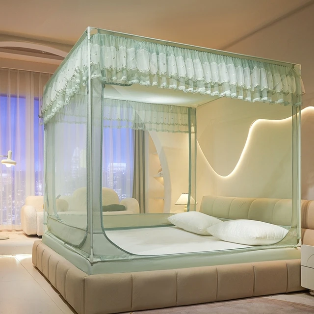 A类加密回底床笠式防摔蚊帐U型外穿家用三开门封闭加厚烤漆支架