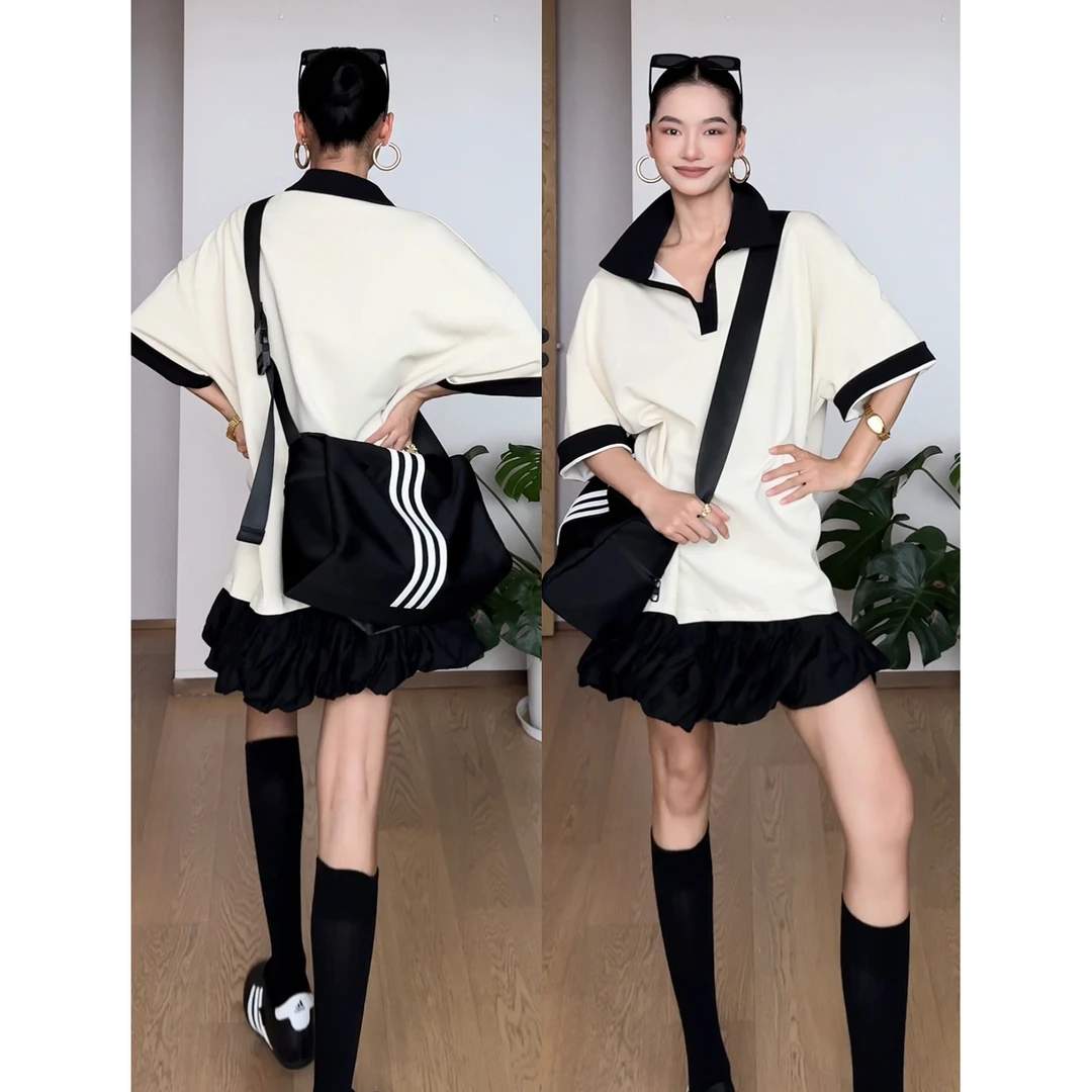 【智感】简约百搭老风POLO领廓形短袖宽松显瘦女装半袖上衣t恤裙