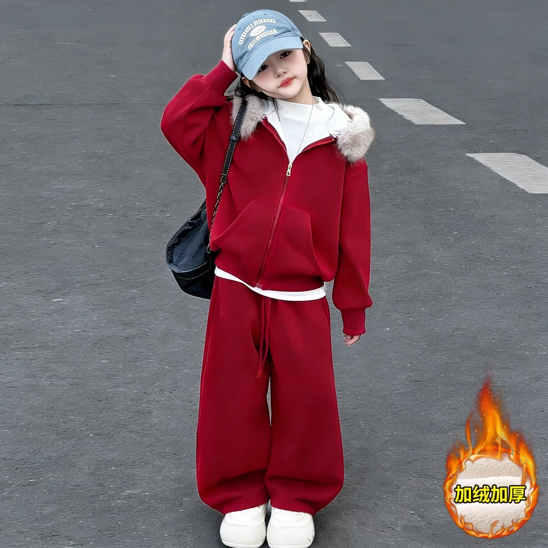 女童秋冬红色加绒套装2025新款中大童本命年洋气新年装连帽两件套