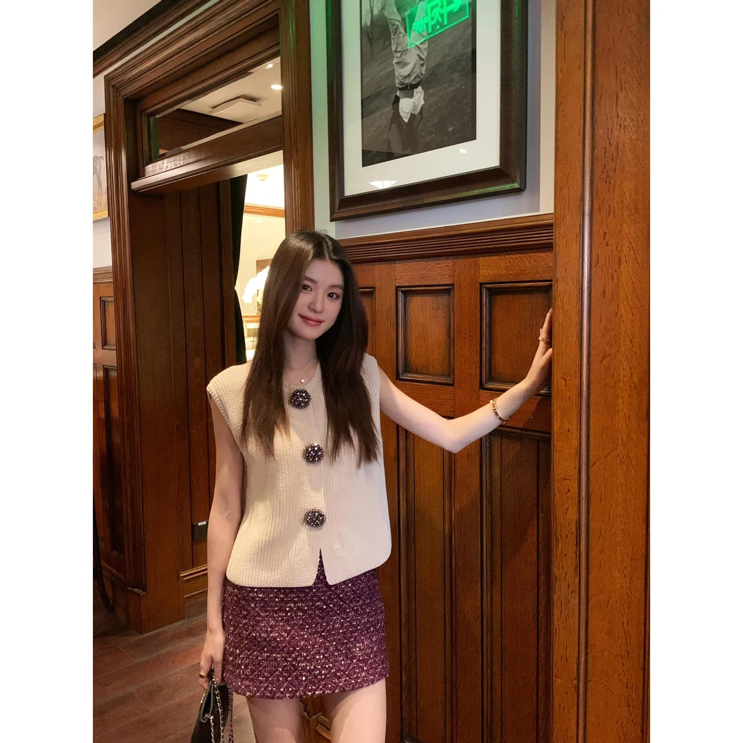 时尚洋气小香风针织无袖马甲开衫背心气质包臀半身裙套装夏季新款