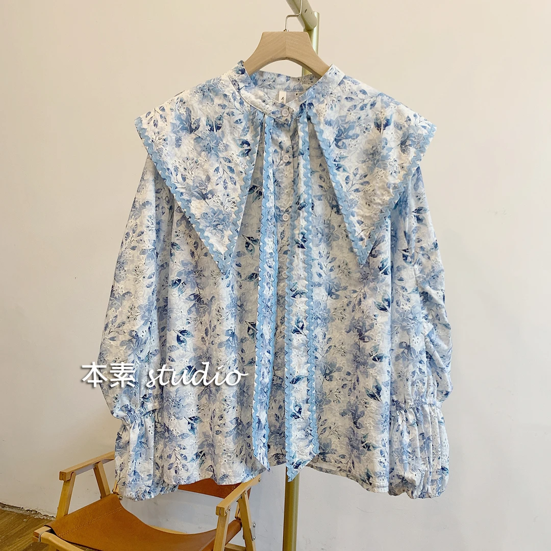 青花C3380印花刺绣全开扣飘带娃娃领衬衫