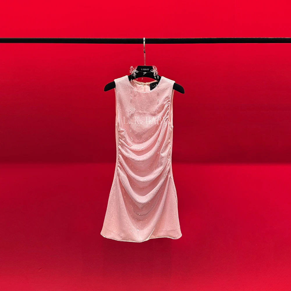 【L.K.BABY】粉红天后 法式名媛「鱼姬亮片」设计褶皱礼服连衣裙3163