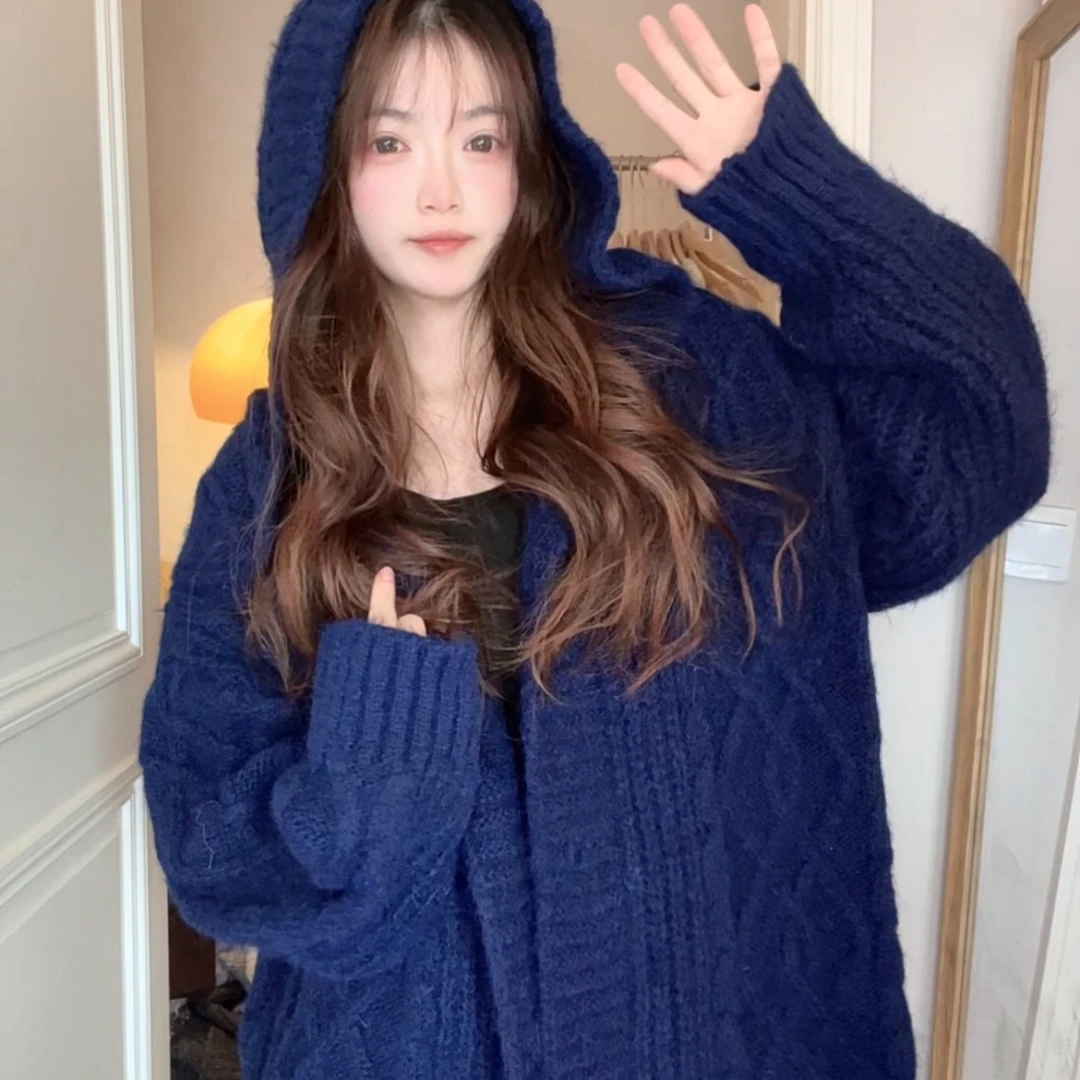 【返场色这里】韩风ins粗毛线牛角扣宽松慵懒开衫连帽毛衣外套