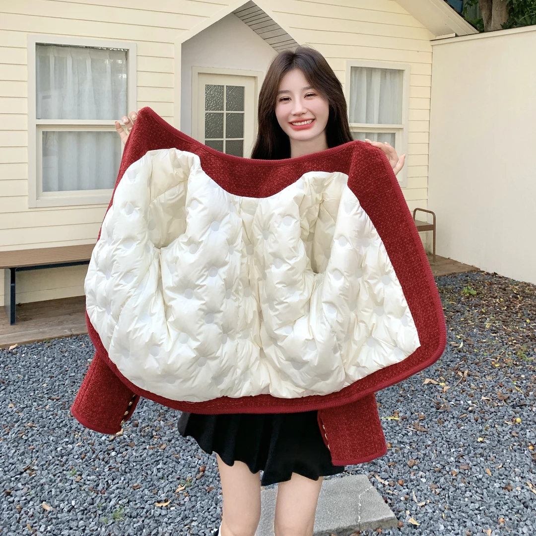 羽绒内胆小香风外套女2025新款冬季加厚小个子短款轻薄红色羽绒服