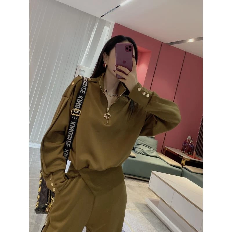 【扣子套装】帅气拉链开叉按扣上衣+松紧腰阔腿裤两件套1132