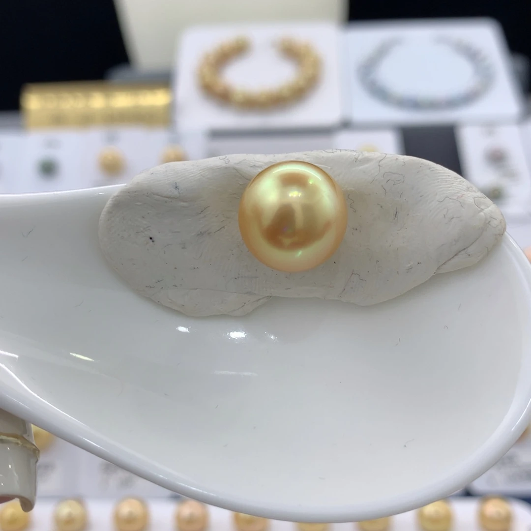 未镶嵌裸珠定制海水珍珠12.9mm极光浓茶金正圆孔后无暇