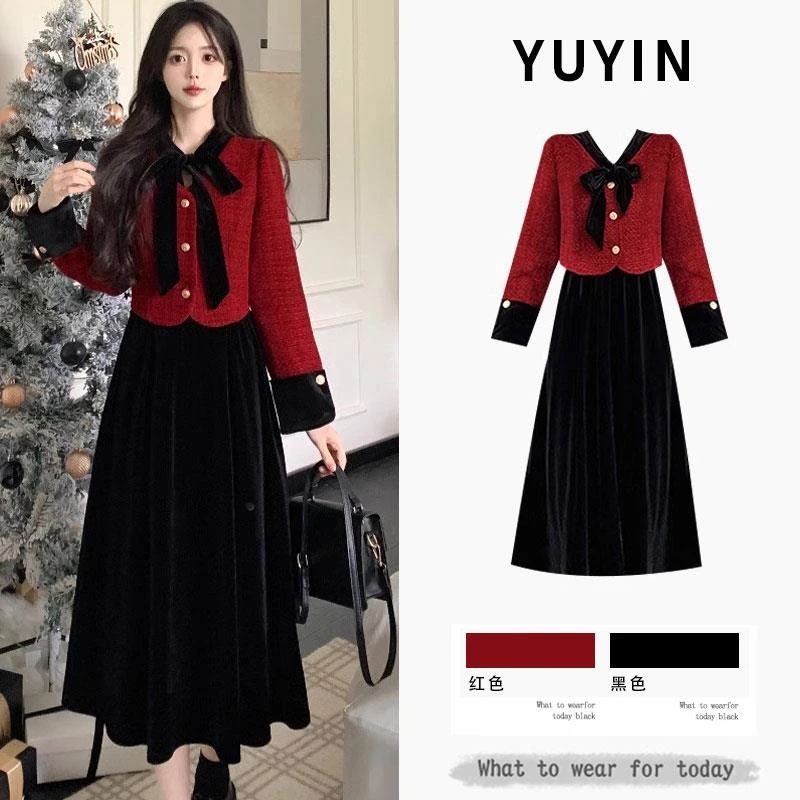 异径大码女2025秋冬新款胖mm显瘦小香风红色订婚礼服假两件丝绒连