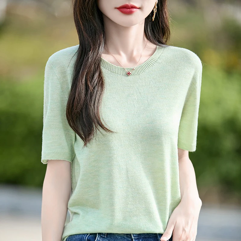 【超细绵羊毛】新款春夏圆领针织衫女短袖宽松慵懒风内搭薄款毛衣