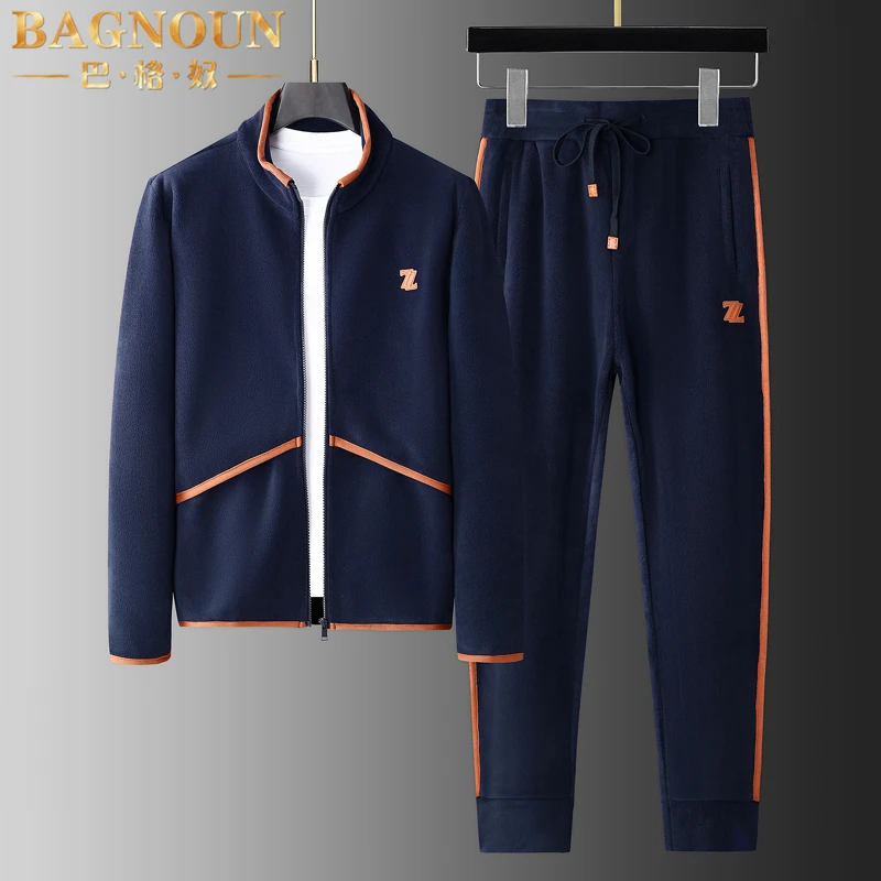 巴格奴休闲运动套装男士秋冬新时尚摇粒绒加厚保暖开衫加绒两件套
