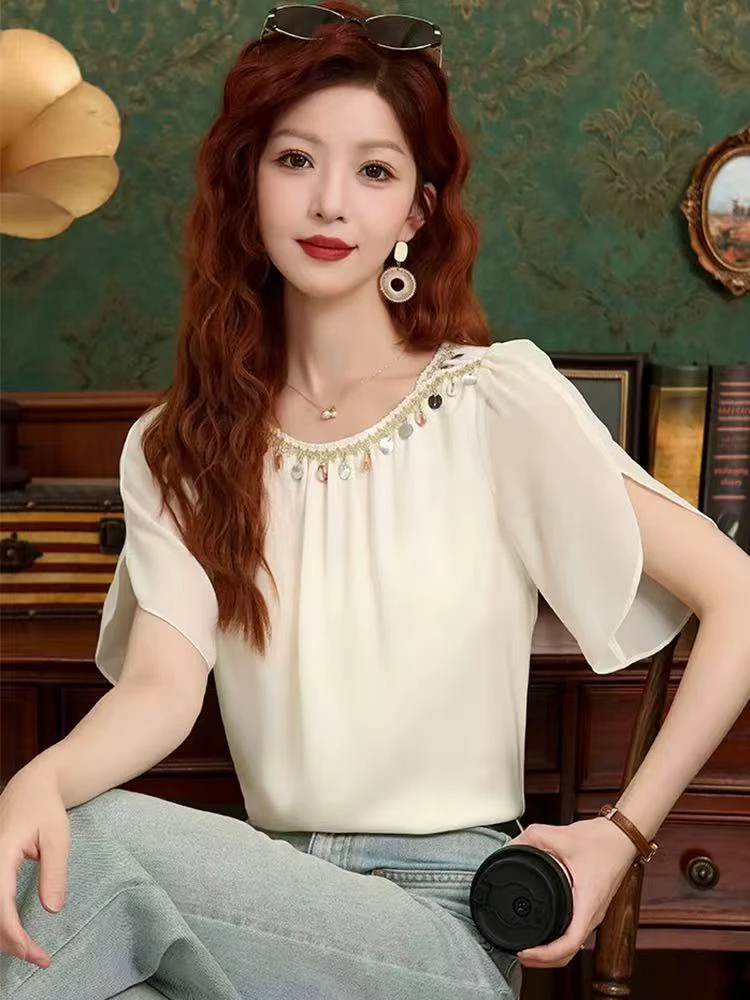 圆领蕾丝边宽松短袖女2025夏季高级感荷叶开叉袖遮肚子上衣