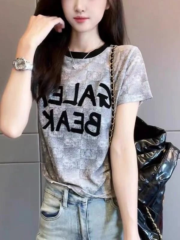 玲家精选6059款号扎染字母网纱T恤