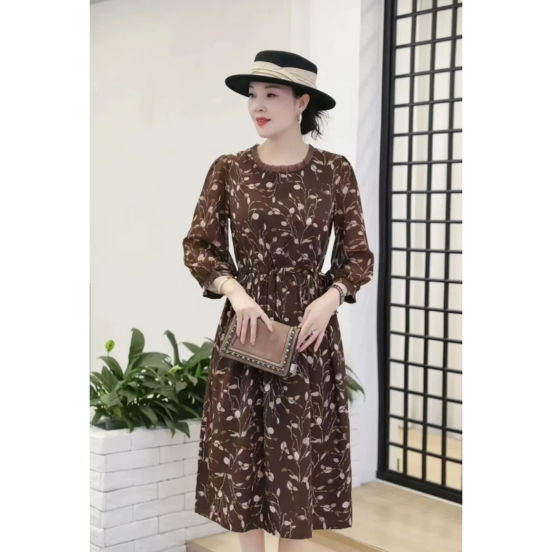 【千姿燕】5779新款花边领咖色树叶印花时尚百搭气质收腰显瘦连衣裙