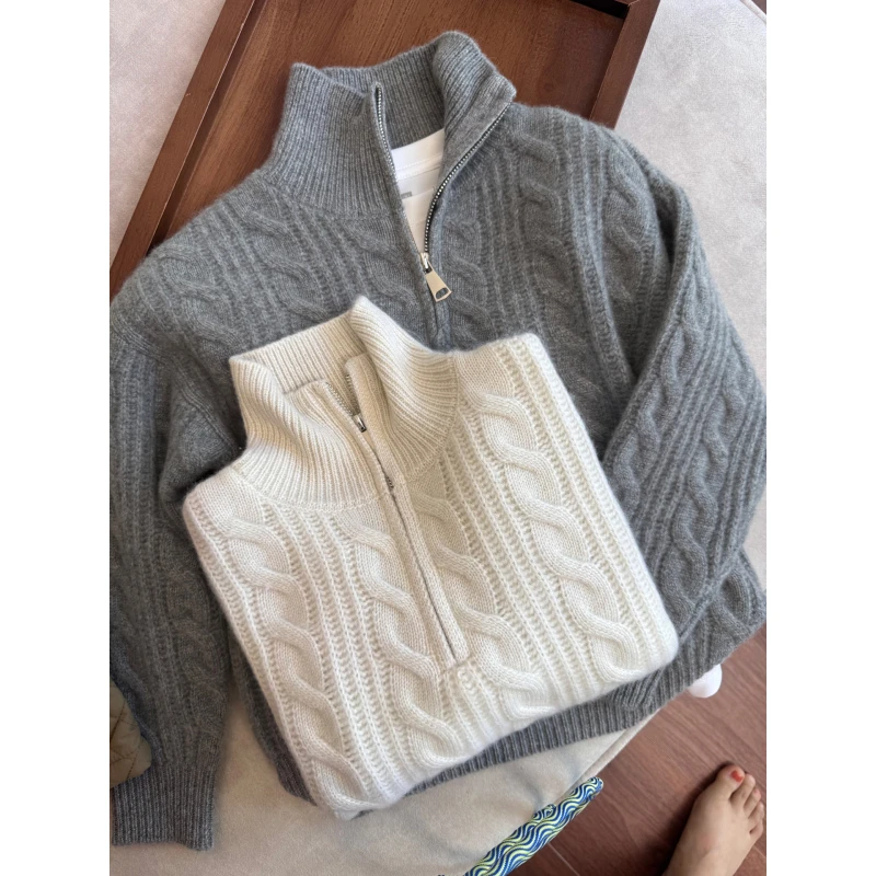 潘玲珑【100%羊绒】女款针织开衫半高领拉链秋冬加厚宽松毛衣