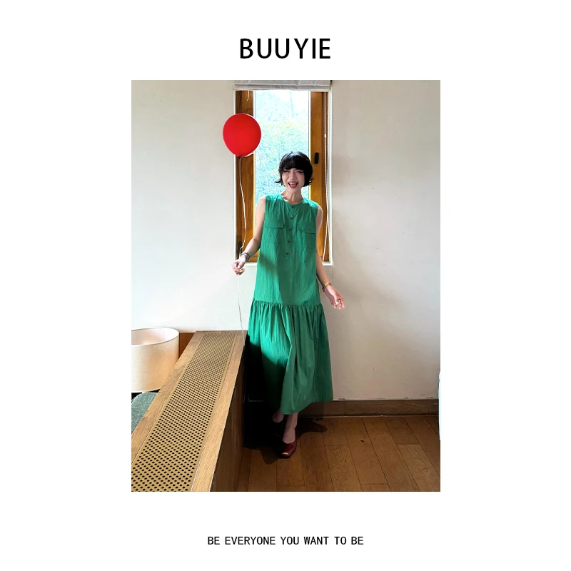 BUUYIE 25SS【碧烟】小众高级感不规则A字翡翠绿连衣裙 250546