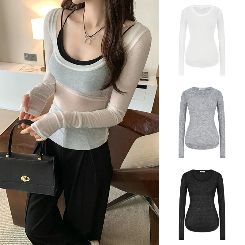 Moses Queen/魔西女王微透大方领面膜长袖t恤女夏纯欲薄低领上衣