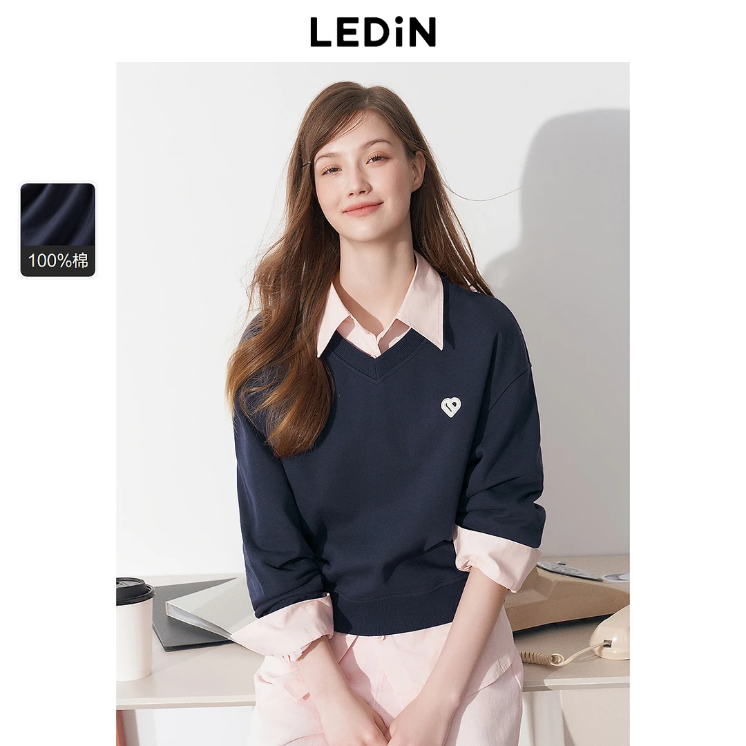 【欧若风】乐町V领宽松卫衣女25年春季新款字母刺绣短款上衣藏卫衣