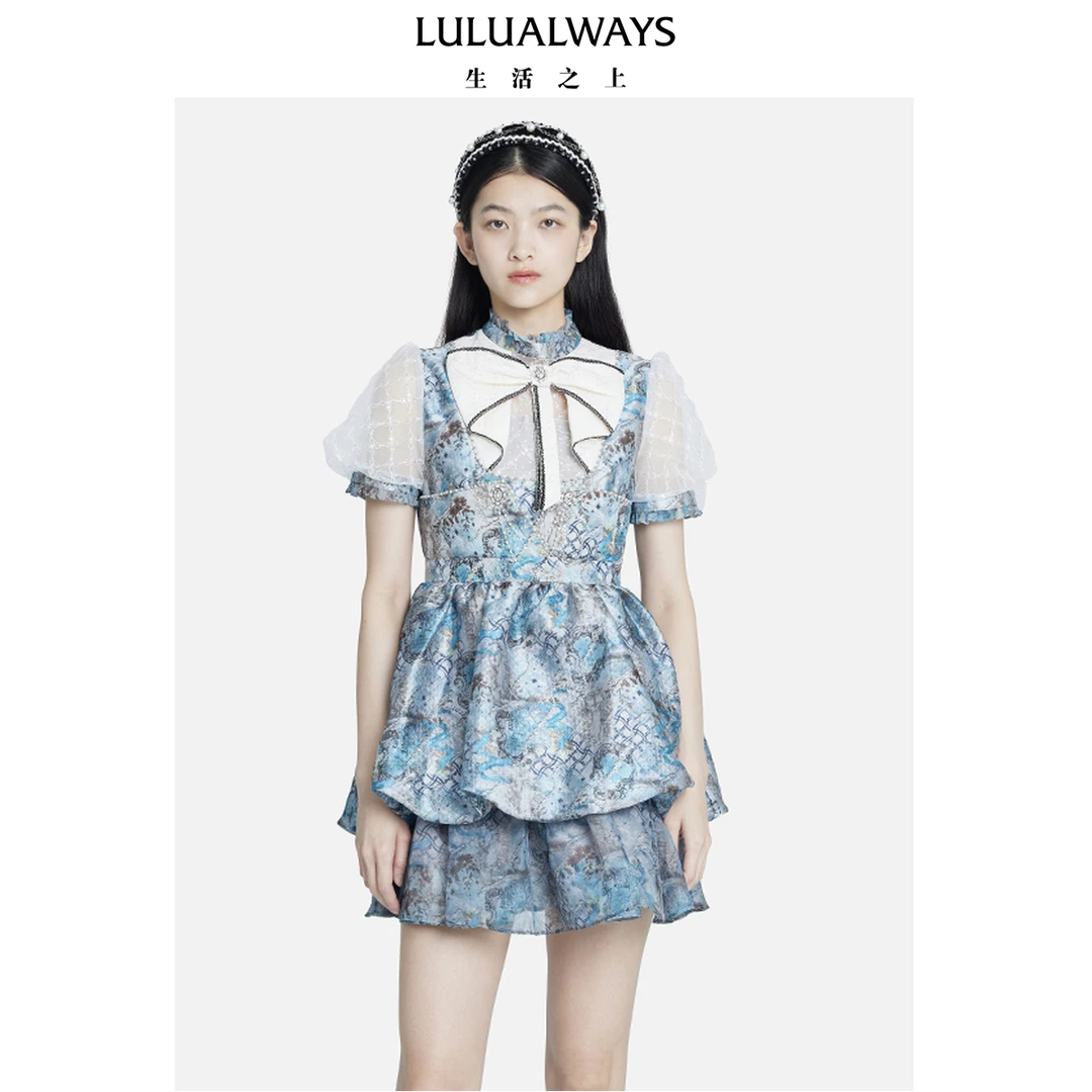 LULUALWAYS 夏末初秋款复古气质泡泡袖短袖女装连衣裙 LOC5022